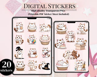 Kawaii Cat Stickers, Cute Cat Planner Clipart PNG, Printable Sticker Sheet for Kids, Cozy Aesthetic Cat Scrapbook Pack, Digital stickers