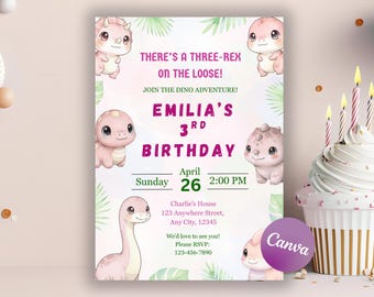 Three-Rex Birthday Invitation, Girl Dinosaur Invite, Editable Template Canva, 3rd Birthday Invitation, Digital Download, Pink Dinosaur DIY