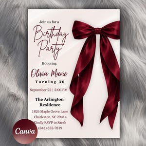 Red Bow Geburtstagseinladungsvorlage, Canva bearbeitbare Vorlage, Elegante bearbeitbare Party einladen, digitaler Download, druckbares und mobiles Format