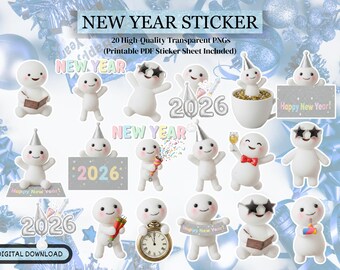 Happy New Year Stickers, 2026 Tiny Puppet Printable Planner Stickers, Bullet Journal Stickers New Year Kawaii Clipart, Digital Sticker PNG