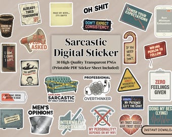 Sarcastic Digital Sticker Bundle, Sassy Humor Quotes, GoodNotes Ready, Printable Sheet, Relatable Sticker, Funny Quote for Printable Planner