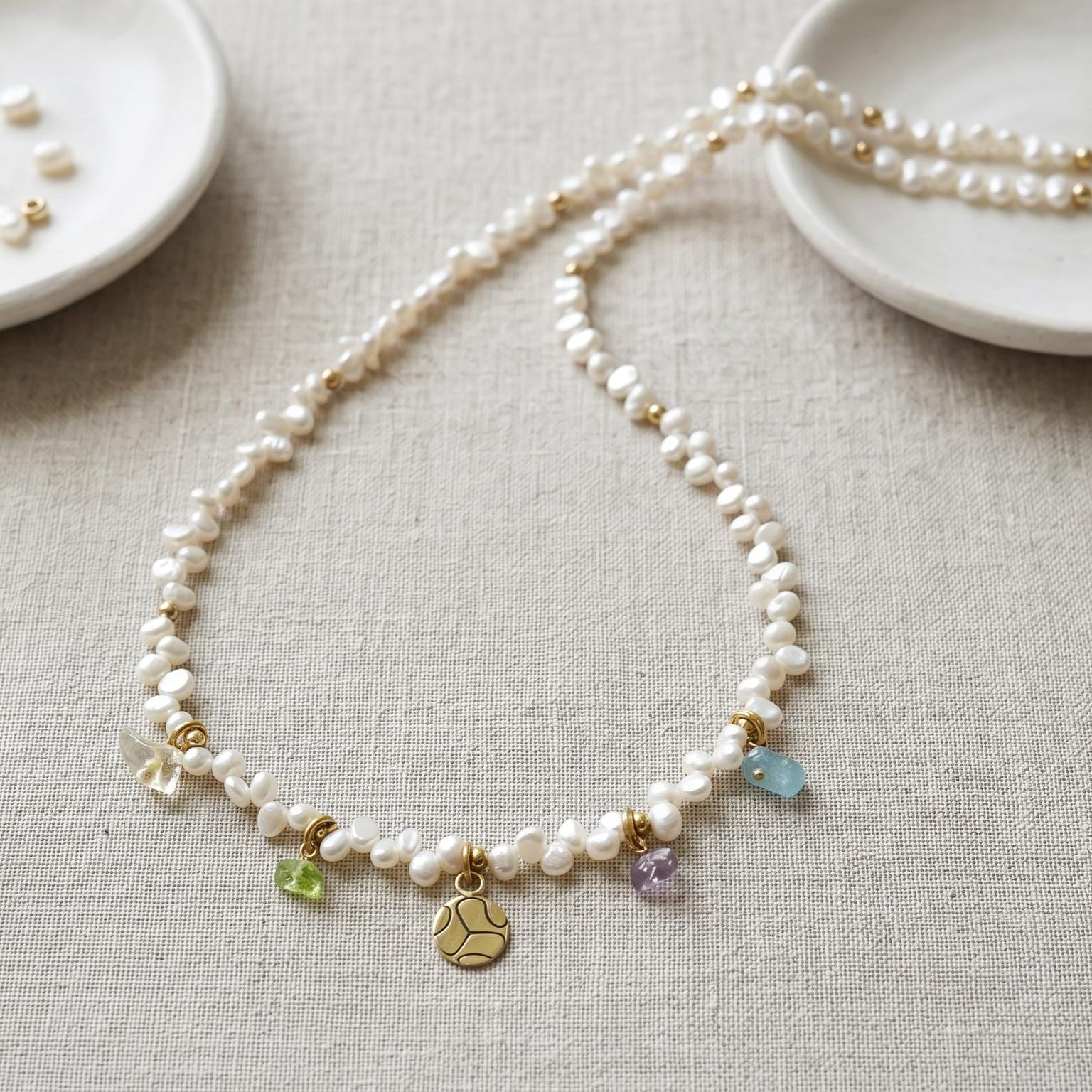 Handmade Freshwater Pearl Necklace with Gemstone Charms, Custom Length…
