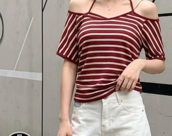 Top a righe con scollo all'americana / Camicia estiva a spalle scoperte / Per tutti i giorni / Stile casual e ampio