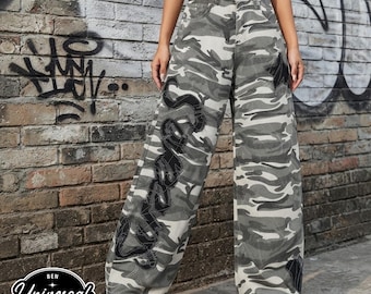 Pantaloni larghi con stampe grafiche / Gamba ampia e curva / Stile streetwear / Pantaloni casual streetwear