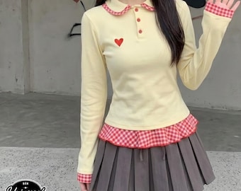 Maglia a maniche lunghe / Camicia aderente con bottoni a cuore / Per tutti i giorni / Stile scolastico leggero