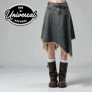 Y2K Denim Midi Skirt | E-Girl Asymmetrical A-Line Style | Casual Streetwear Outfit