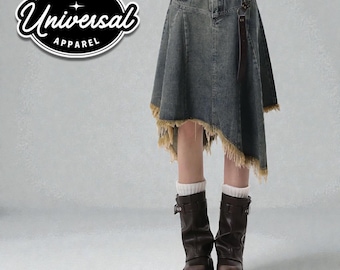 Gonna midi in denim stile Y2K / Modello asimmetrico a trapezio stile E-Girl / Outfit casual streetwear