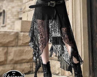 Gonna gotica in pizzo / Pantaloni a trapezio con orlo irregolare / Streetwear Y2K / Outfit dall'estetica dark