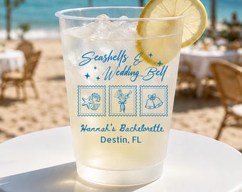 Personalized Seashells & Wedding Bells Cups, Coastal Bachelorette Frosted Cups, Beach Bach Party Favors, Personalized Cups
