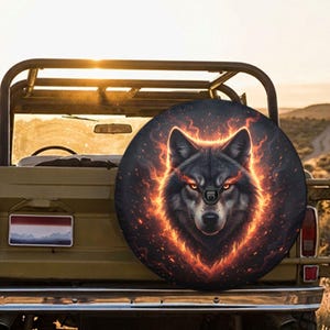 May include: A circular spare tyre cover featuring a detailed graphic of a wolf head surrounded by vibrant orange and yellow flames against a dark background. The wolf has intense glowing eyes and is centred on the cover, which is mounted on a vehicle.