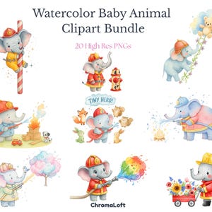 May include: Watercolor baby animal clipart bundle featuring illustrations of baby elephants dressed as firefighters. The images include elephants with fire hoses, climbing ladders, and pulling wagons. The text "Tiny Hero!" is also included.