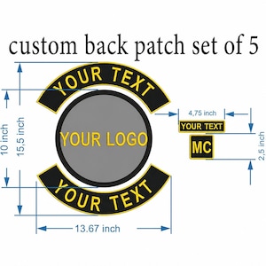 May include: A custom back patch set of 5 featuring a large circular centre patch with yellow text reading YOUR LOGO, two curved rocker patches with YOUR TEXT, and two rectangular patches with YOUR TEXT and MC. Dimensions are 39.37 cm by 34.72 cm.