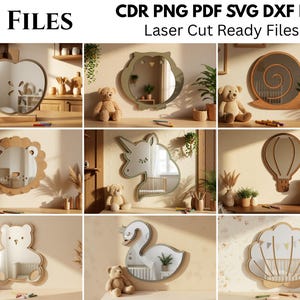 3D Nursery mirrors bundle, kids room mirror laser cut files, home decor, baby mirror svg, cute animals, teddy bear, swan, unicorn, lion