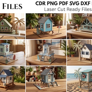 May include: A digital collection of 5 files including CDR, PNG, PDF, SVG, and DXF formats for laser cut ready beach house models. The designs feature various miniature stilt houses with palm trees, surfboards, and beach-themed accessories.
