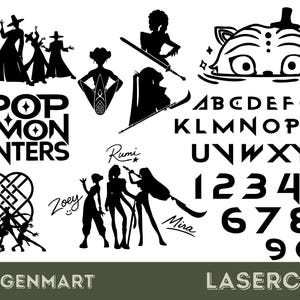 Puede incluir: Diseños cortados con láser en blanco y negro con siluetas de figuras, letras y números. Incluye el texto "K-POP DEMON HUNTERS", los nombres "Zoey", "Rumi" y "Mira", y las palabras "VIRGENMART" y "LASERCUT".