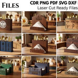 Könnte beinhalten: Eine Sammlung von zehn digitalen Dateien für lasergeschnittene Besteck- und Serviettenhalter aus Holz. Die Designs zeigen verschiedene Holzoberflächen, eingravierte Texte und grafische Muster sowie Fächer für goldfarbenes Besteck und weiße Servietten.