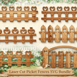 Pakiet SVG z wycinanymi laserowo płotami sztachetowymi, wzory ogrodzeń w kształcie serca, pliki DXF z ogrodzeniami ogrodowymi CNC, wektory z drewnianymi płotami do Cricut i lasera