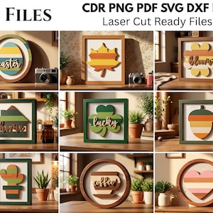 Puede incluir: Una colección de 10 archivos digitales en formatos CDR, PNG, PDF, SVG, DXF y EPS para corte láser. Los diseños presentan arte de pared de madera en capas que incluye un huevo de Pascua, hoja, flor, casa, trébol, bellota, cactus, taza de café y corazón.