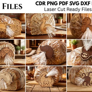 bread bag clip svg, animal bag tag laser cut, kitchen bag sealer, monkey frog snake duck peacock, bread bag holder, glowforge xtool cnc