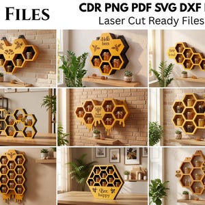 Peut inclure: Une collection de 10 fichiers numériques pour découpe laser, présentant diverses étagères murales en forme de nid d'abeille. Les designs incluent des structures hexagonales jaunes et noires avec des motifs d'abeilles et du texte.