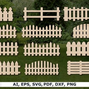 Może przedstawiać: Kolekcja różnych wzorów drewnianych ogrodzeń o różnych kształtach i stylach. Płoty są jasnobrązowe i ułożone na zielonym tle. Obraz zawiera tekst "AI, EPS, SVG, PDF, DXF, PNG".