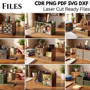 May include: A digital collection of 10 laser cut ready files in CDR, PNG, PDF, SVG, and EPS formats for creating wooden desk organisers. The designs feature various compartments for stationery, photo frames, and phone stands with intricate patterns.