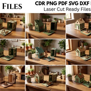 Puede incluir: Una colección digital de 10 archivos listos para corte láser en formatos CDR, PNG, PDF, SVG y DXF. La imagen muestra varios quemadores de incienso en miniatura con forma de casa de madera en tonos verdes y marrones, con humo saliendo.