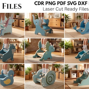 May include: A digital collection of 10 laser cut ready files in CDR, PNG, PDF, SVG, and DXF formats. The images display various wooden step stools for children shaped like animals including a unicorn, elephant, whale, dog, dinosaur, and snail.