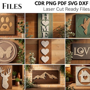 May include: A digital collection of 10 laser cut ready files in CDR, PNG, PDF, SVG, DXF, and EPS formats. The designs feature various wall art motifs including a paw print, the word HOME, a hummingbird, a butterfly, hearts, LOVE, a deer, mountains, and a house.