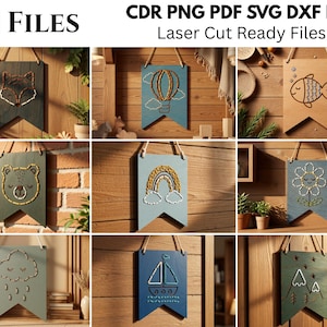 May include: A digital collection of 10 laser cut ready files in CDR, PNG, PDF, SVG, and DXF formats. The set features various hanging wooden wall plaques with string art designs including a fox, hot air balloon, fish, bear, rainbow, flower, cloud, boat, and mountains.