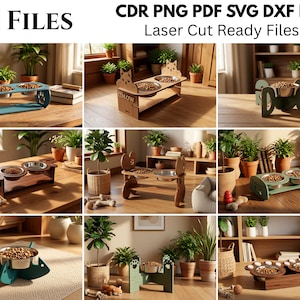 May include: A collection of ten digital files including CDR, PNG, PDF, SVG, and DXF formats for laser cut pet feeding stations. The images display various wooden elevated bowl stands with metal bowls, featuring designs like cat ears and paw prints.