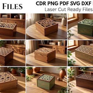 May include: A collection of 10 digital files for laser cutting, featuring various wooden boxes with intricate geometric cut-out lids. The text 10 FILES CDR PNG PDF SVG DXF EPS Laser Cut Ready Files is displayed at the top of the image.
