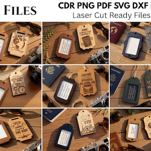 May include: A collection of 10 digital files for laser cutting, featuring various wooden luggage tag designs with engraved travel-themed graphics and text. The files are provided in CDR, PNG, PDF, SVG, and DXF formats for crafting projects.