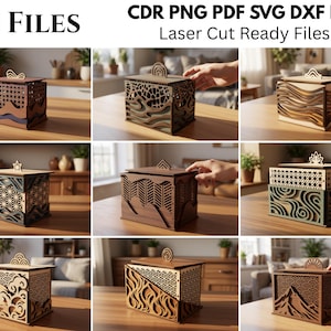Puede incluir: Una colección de 10 diseños de cajas de madera cortadas con láser que presentan intrincados patrones geométricos, de olas, montañas y llamas. Los archivos están etiquetados como 10 FILES CDR PNG PDF SVG DXF EPS Laser Cut Ready Files.