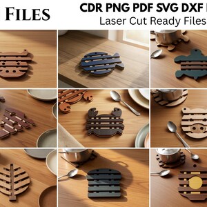 May include: A collection of 10 laser cut ready files in CDR, PNG, PDF, SVG, and DXF formats, featuring various wooden trivet designs including a cow, fish, turtle, crab, pig, leaf, and geometric shapes with horizontal slats for kitchen use.