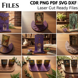 Conjunto de soportes para cartas de tarot y cristales, soporte de bruja cortado con láser, soporte para la carta del día, espiritual, esotérico, exhibición de altar de cristales svg
