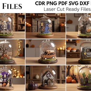 May include: A digital collection of 10 laser cut ready files in CDR, PNG, PDF, SVG, and DXF formats. The designs feature various Halloween-themed dioramas enclosed in glass domes, including skeletons, ghosts, black cats, pumpkins, and haunted houses.