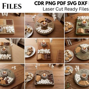 May include: A digital collection of 10 laser cut ready files in CDR, PNG, PDF, SVG, DXF, and EPS formats. The images display various wooden s'mores serving trays with central fire pits, compartments for graham crackers, chocolate, and marshmallows.