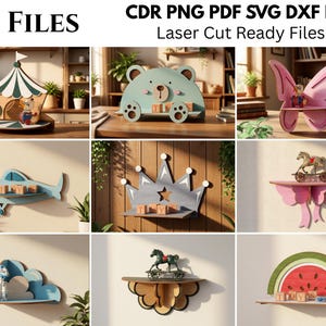 Pode incluir: Uma coleção de 10 arquivos prontos para corte a laser nos formatos CDR, PNG, PDF, SVG, DXF e EPS com vários designs de prateleiras de parede em forma de tenda de circo, urso, borboleta, avião, coroa, cavalo, nuvem e fatia de melancia.