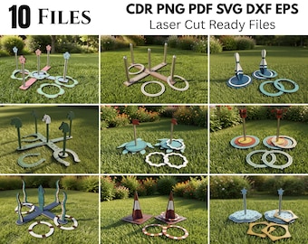 May include: A digital collection of 10 files in CDR, PNG, PDF, SVG, DXF, and EPS formats for laser cut ready ring toss games. The designs include various themes like flowers, horseshoes, bowling pins, turtles, traffic cones, and geometric shapes.