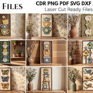 レイヤードウォールパネルSVGバンドル、縦型フレーム付きウォールアートレーザーカットファイル、ファームハウスキッチンデコレーションサイン、ティーポットバード、Glowforge