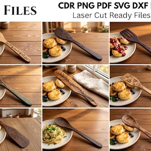 Puede incluir: Una colección digital de 10 archivos en formatos CDR, PNG, PDF, SVG y DXF para corte láser. La imagen muestra varios utensilios de cocina de madera, incluyendo cucharas ranuradas, sólidas y espátulas, con grabados florales detallados.