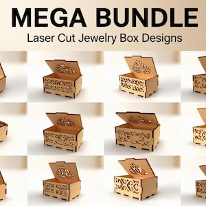 May include: A collection of laser-cut wooden jewelry box designs. The boxes are rectangular with hinged lids, featuring intricate cut-out patterns on the sides and lids. The text "MEGA BUNDLE Laser Cut Jewelry Box Designs" is at the top.