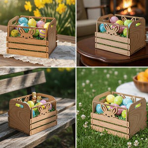 May include: Wooden crate with a bunny cutout, filled with colorful Easter eggs. The crate has a handle and is made of light brown wood. The eggs are various colors, including blue, yellow, pink, and green. The crate is sitting on a wooden surface.
