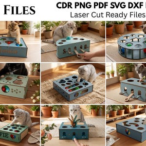 May include: A collection of ten laser cut wooden cat puzzle boxes in various shapes and blue-toned finishes. These interactive toys feature holes, levers, and internal compartments designed for feline play, with some boxes displaying custom names.