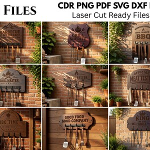 Könnte beinhalten: Eine Sammlung von 10 digitalen, laser-schneidebereiten Dateien in den Formaten CDR, PNG, PDF, SVG, DXF und EPS. Die Designs zeigen hölzerne Grillwerkzeughalter mit verschiedenen eingravierten Sprüchen wie Barbecue Is My Therapy und Grill Sheriff.