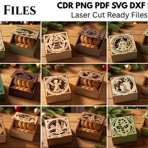 May include: A collection of 10 square wooden boxes with laser-cut lids featuring various Christmas designs, including reindeer, bells, houses, and candles. Each box contains round cookies. The text 10 FILES CDR PNG PDF SVG DXF EPS Laser Cut Ready Files is visible.