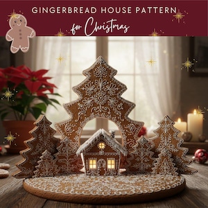 Gingerbread House Template PDF – Printable Gingerbread Pattern with Pine Trees