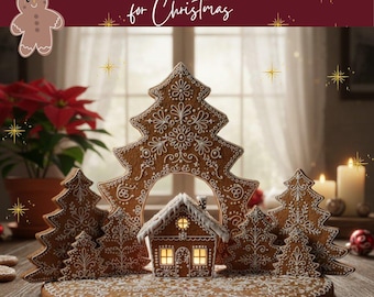 Gingerbread House Template PDF – Printable Gingerbread Pattern with Pine Trees