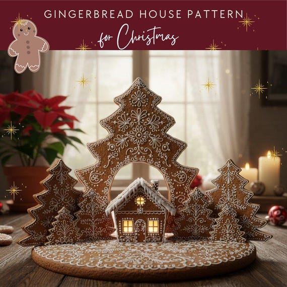 Gingerbread House Template PDF – Printable Gingerbread Pattern with Pine Trees